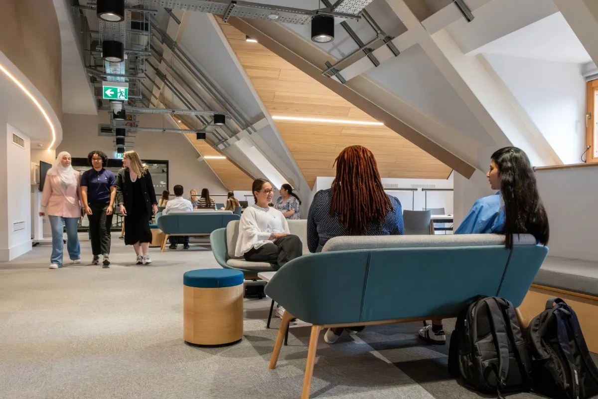 A group of students socialising at Leeds City Campus.