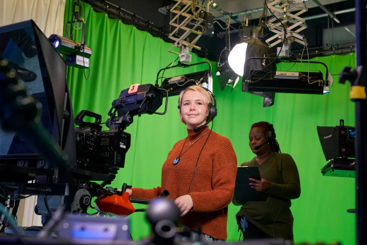 Students working in the TV studio and using specialist equipment at Main Campus.