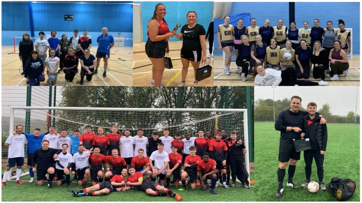 A collage of badminton, netball and football players.