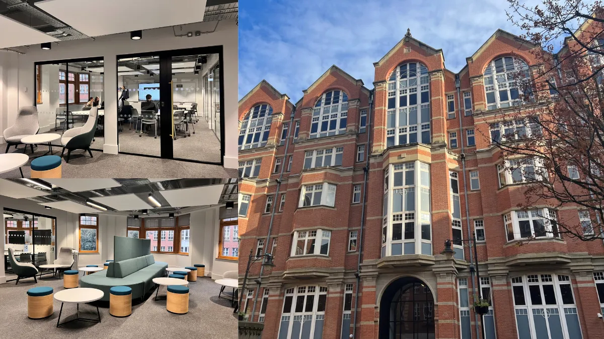 A collage showing two learning spaces on the left and the entrance of the Leeds Trinity University City Campus on the right..