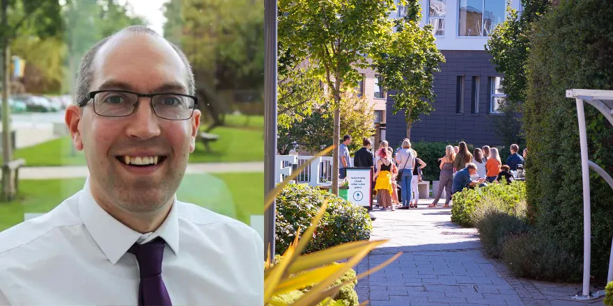 A head shot a man wearing glasses, next to an image of a crowd outside the main entrance of the University.