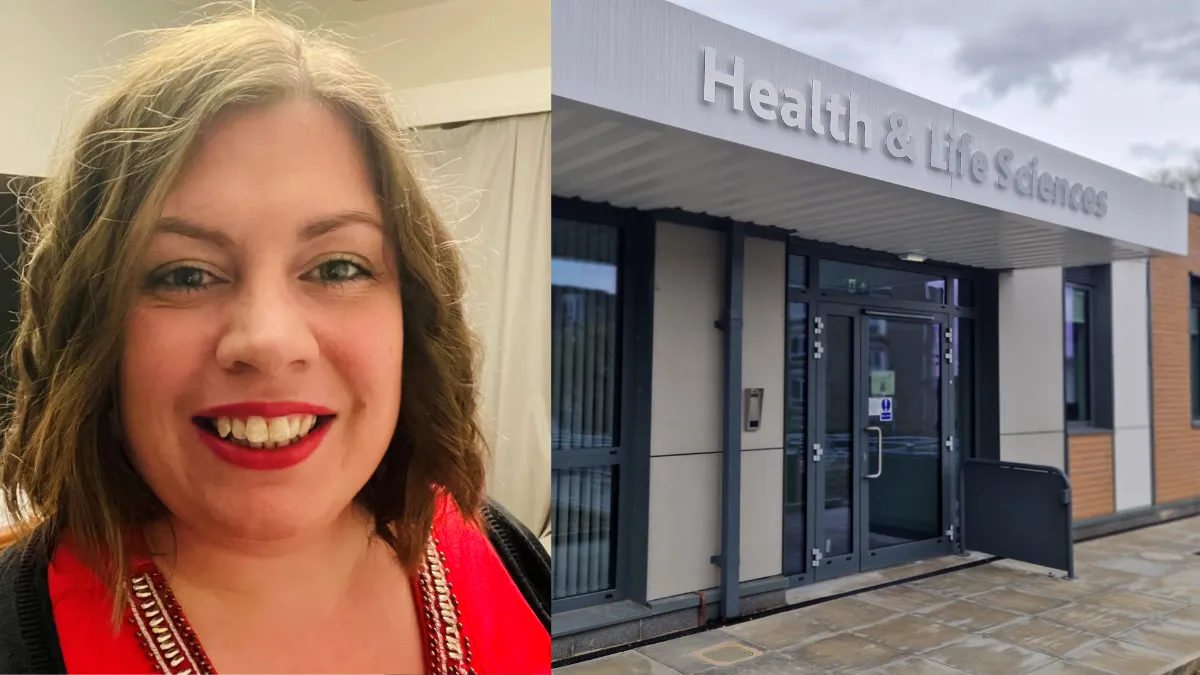 A collage showing a female academic on the left and the Leeds Trinity University Health and Life Sciences building on the right..