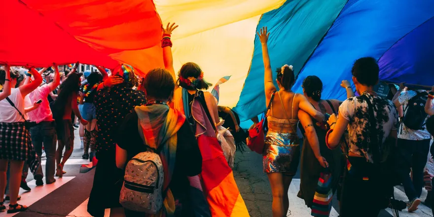 People walking down a street holding a large LGBT+ Pride flag above their heads.