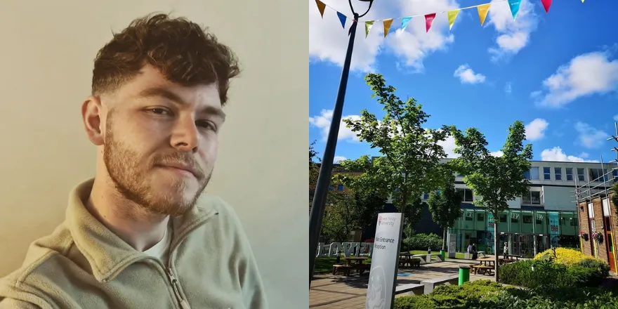 Blog author Sam Charlton beside university building entrance.