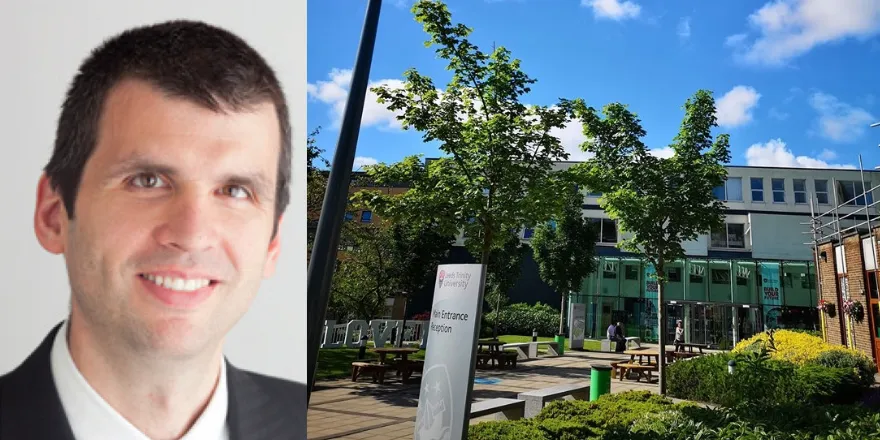 Head shot of blog author beside image of university entrance.