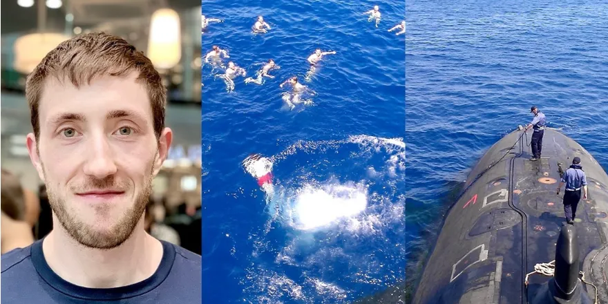 Three pictures brown haired male headshot with sea and submarine.
