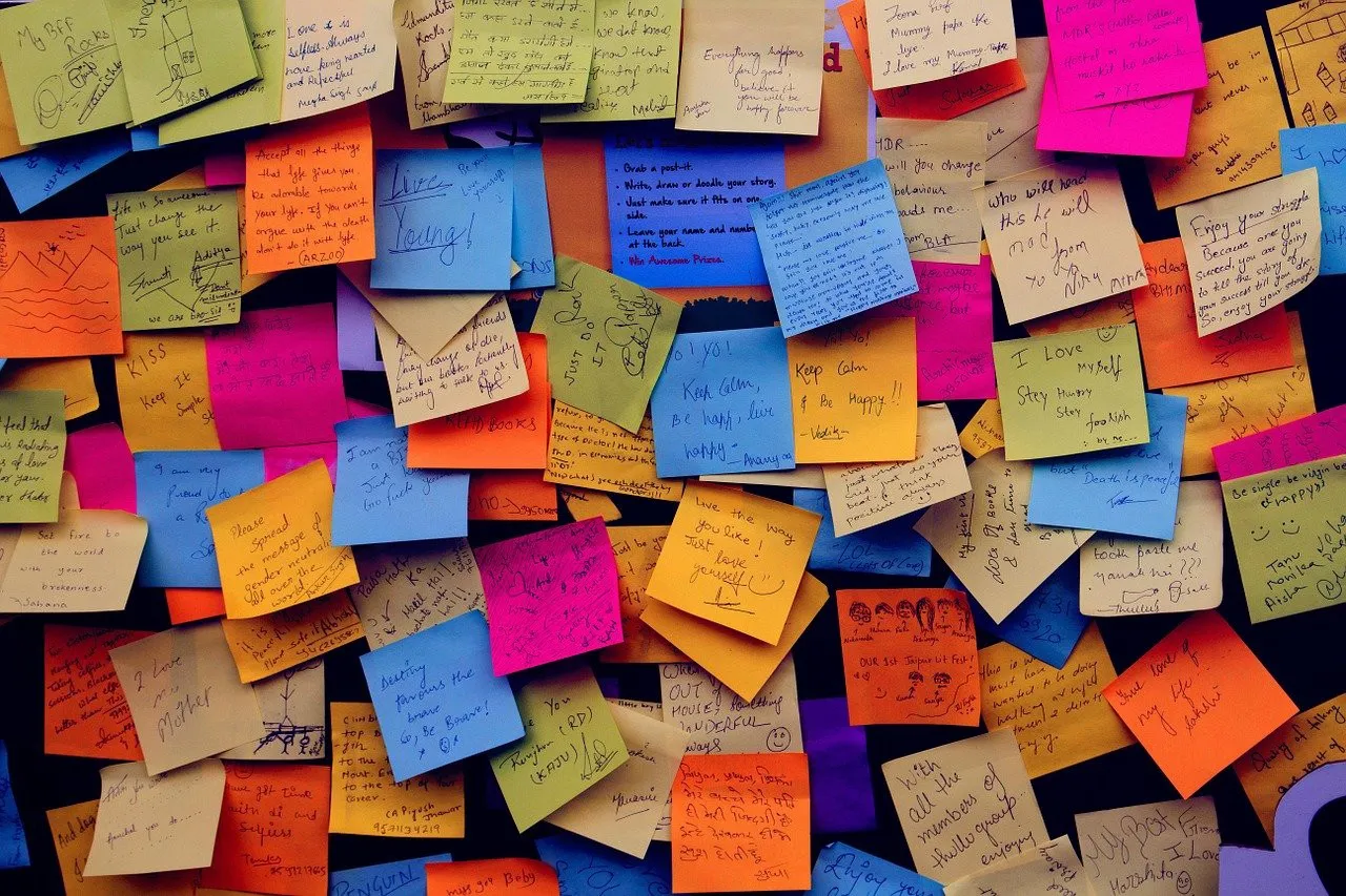 Multi coloured post it notes on a wall.