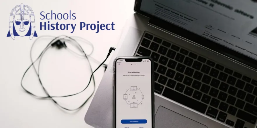 Logo, earphones, laptop and iPhone on white background .