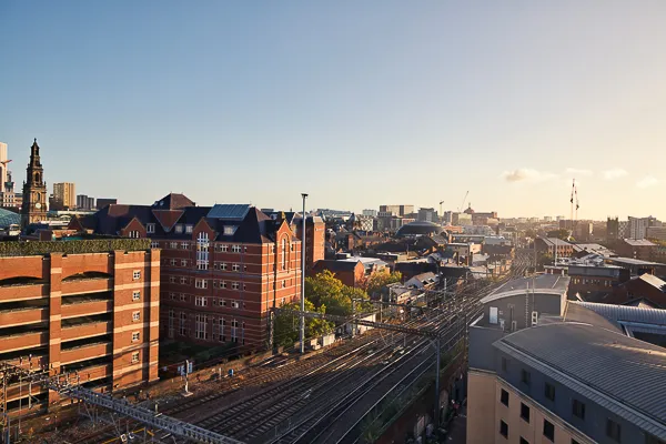 Aerial photo of Leeds trinity City Campus from Leeds Train Station.