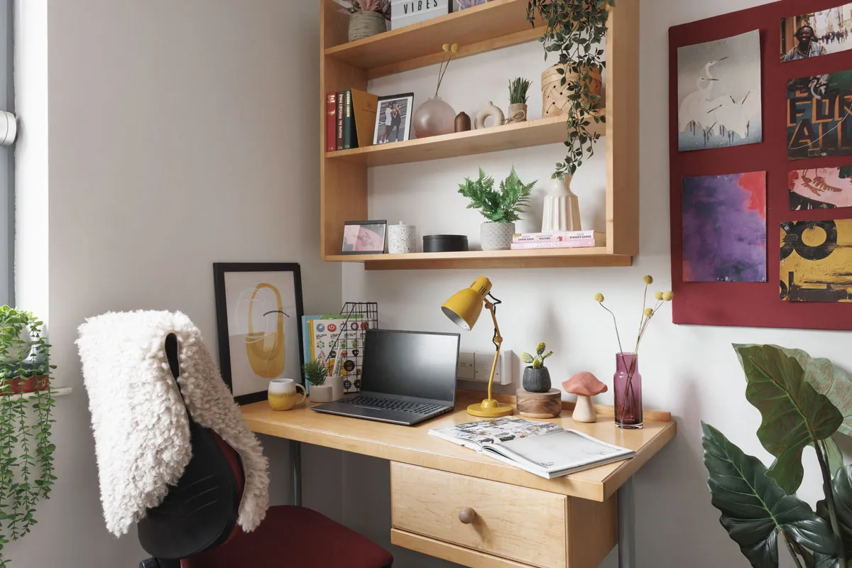 A neatly decorated student bedroom study area with a wooden desk, laptop, books, plants and a yellow desk lamp, with shelves and artwork on the wall..
