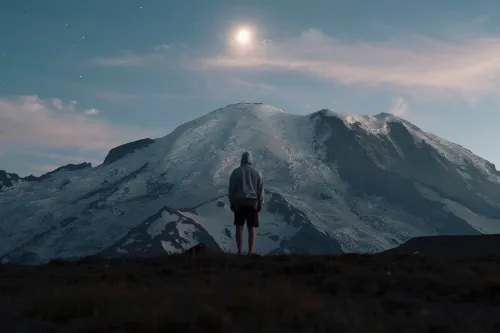 A man stood looking out at the sun setting over a dark mountain.