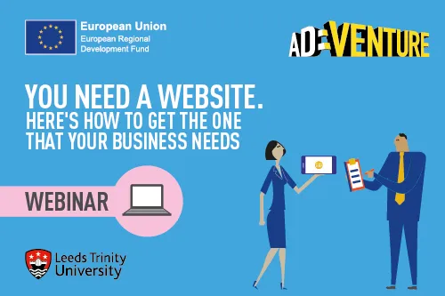 Blue background with a lady holding a laptop in cartoon version and title You Need a Website.