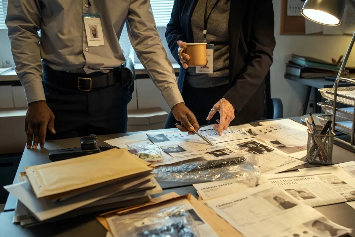 Two adults review case notes.