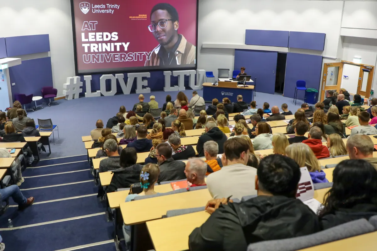 Visitors attending the Leeds Trinity Welcome Talk in the auditorium at our Horsforth Campus
