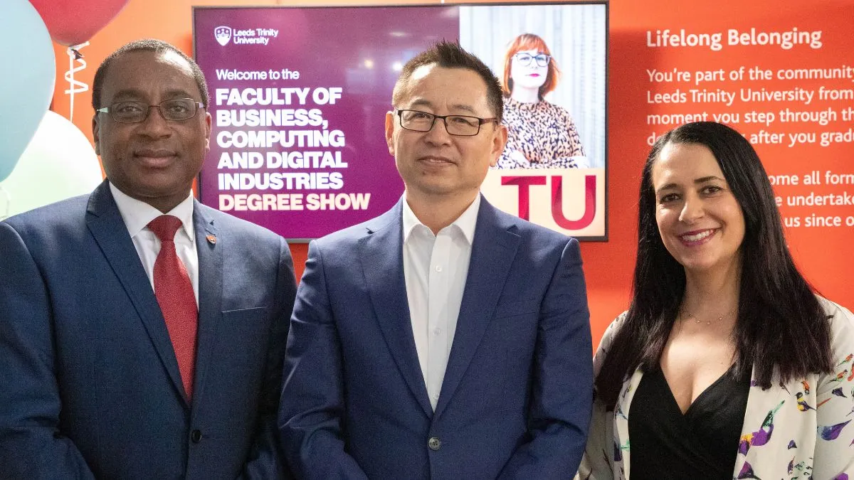A picture of Leeds Trinity University colleagues Professor Charles Egbu, Professor Yanguo Jing and Nicky Danino.