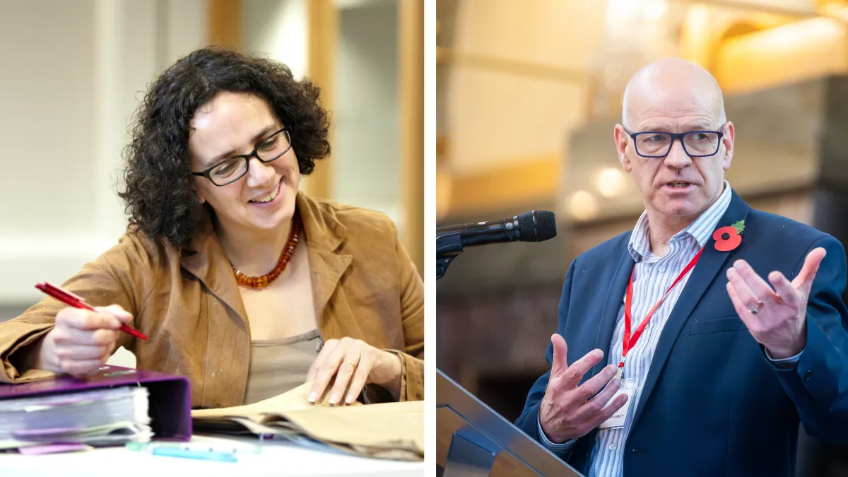 A collage showing two Leeds Trinity Professors, Professor Karen Sayer on the left and Professor Steve Johnson on the right..