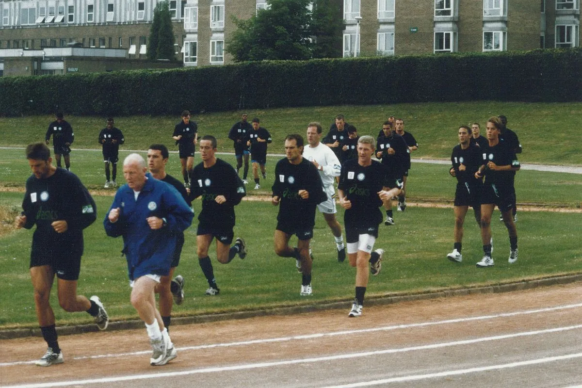 The Leeds United squad train at the Horsforth Campus in 1995.