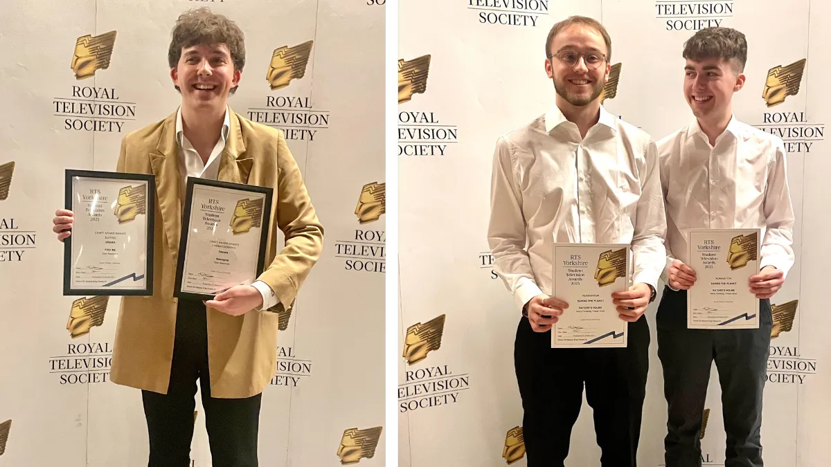 A collage of two images of students holding awards against a white backdrop, that reads Royal Television Society..
