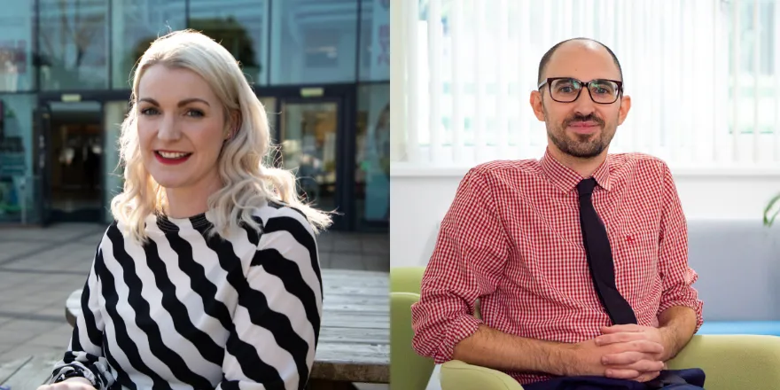 Female with blonde hair and male with glasses.