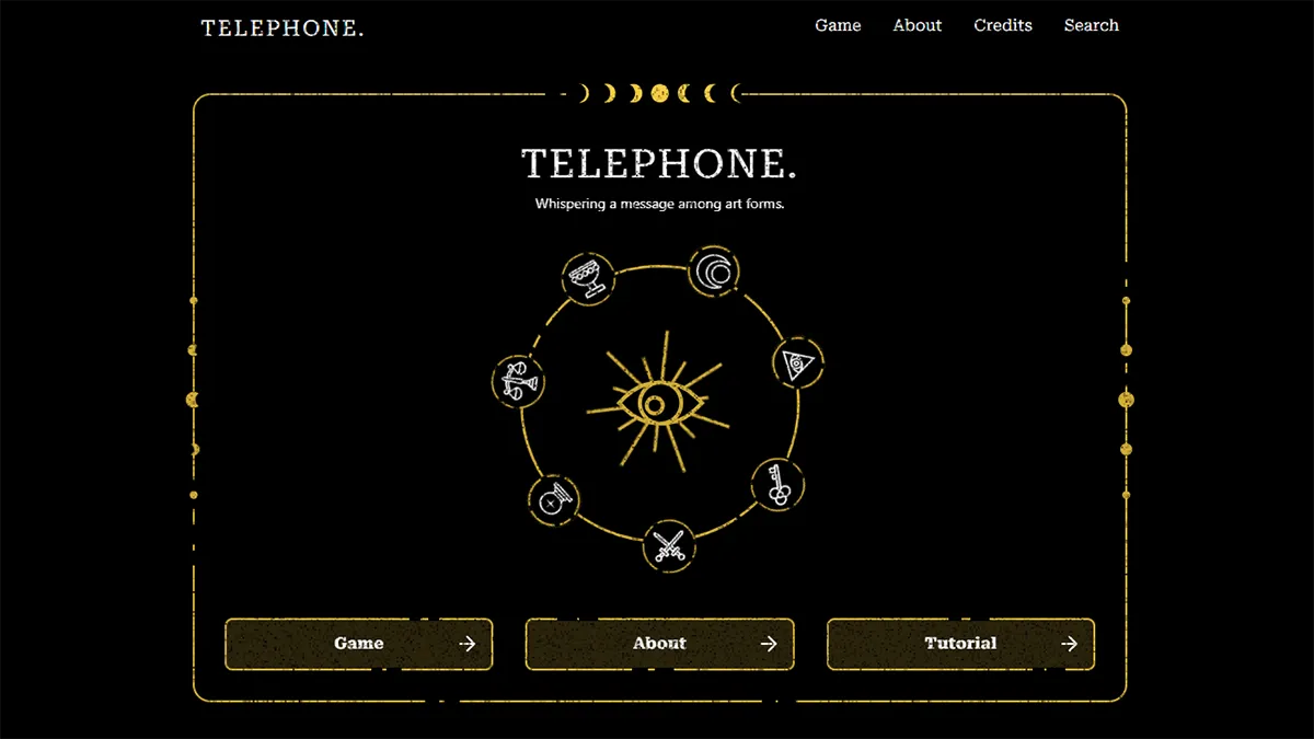 The home page of the global art project TELEPHONE, a black background with a rectangle in the middle, in the centre of which there is a circle made of symbols for different art forms. The colour accents are yellow and white and the title text reads TELEPHONE, whispering a message among art forms..