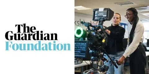The Guardian Foundation logo next to two female journalism students utilising a camera.