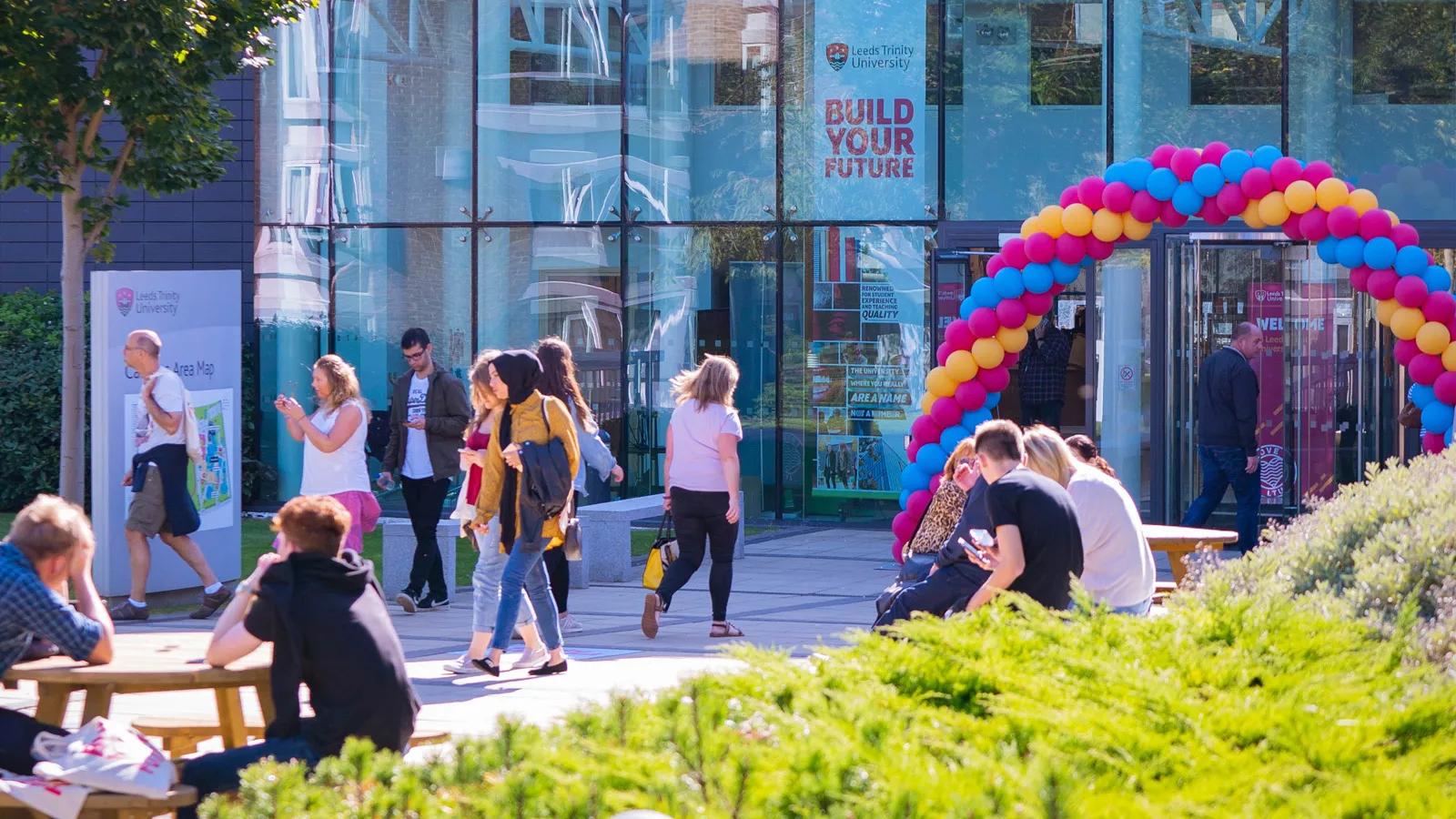 Visitors to an Open Day outside the front of Leeds Trinity University.