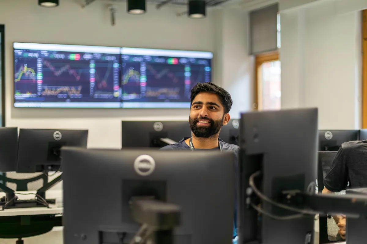 Student using the Mock Trading Room at the Leeds City Campus..