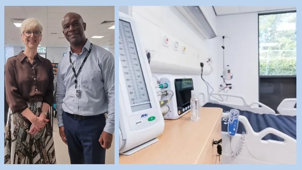 A collage showing two people smiling on the left side and a hospital ward on the right..