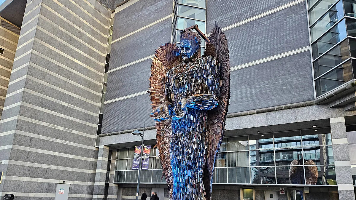A statue made of knives outside Royal Armouries Museum Leeds..