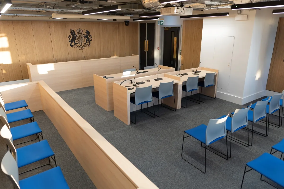 Photograph of the mock courtroom at Leeds City Campus..