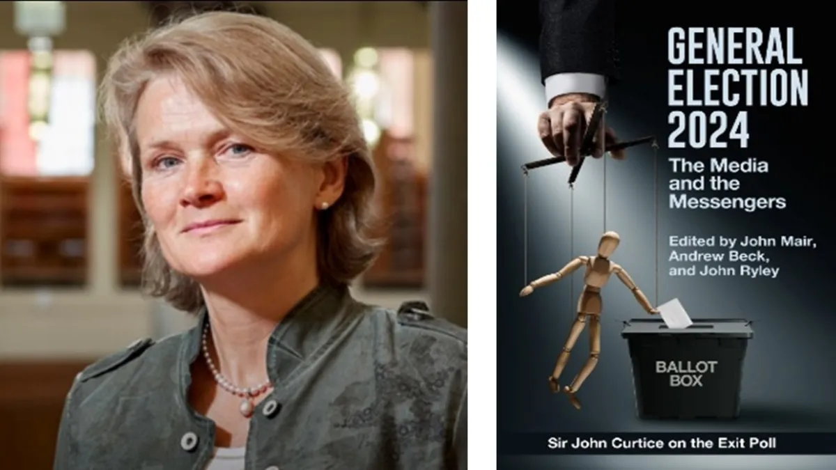 A collage showing a female academic on the left and the cover of a book on the General Election 2024 on the right..