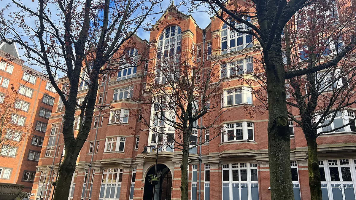 Four trees in front of the Leeds Trinity University City Campus front entrance.