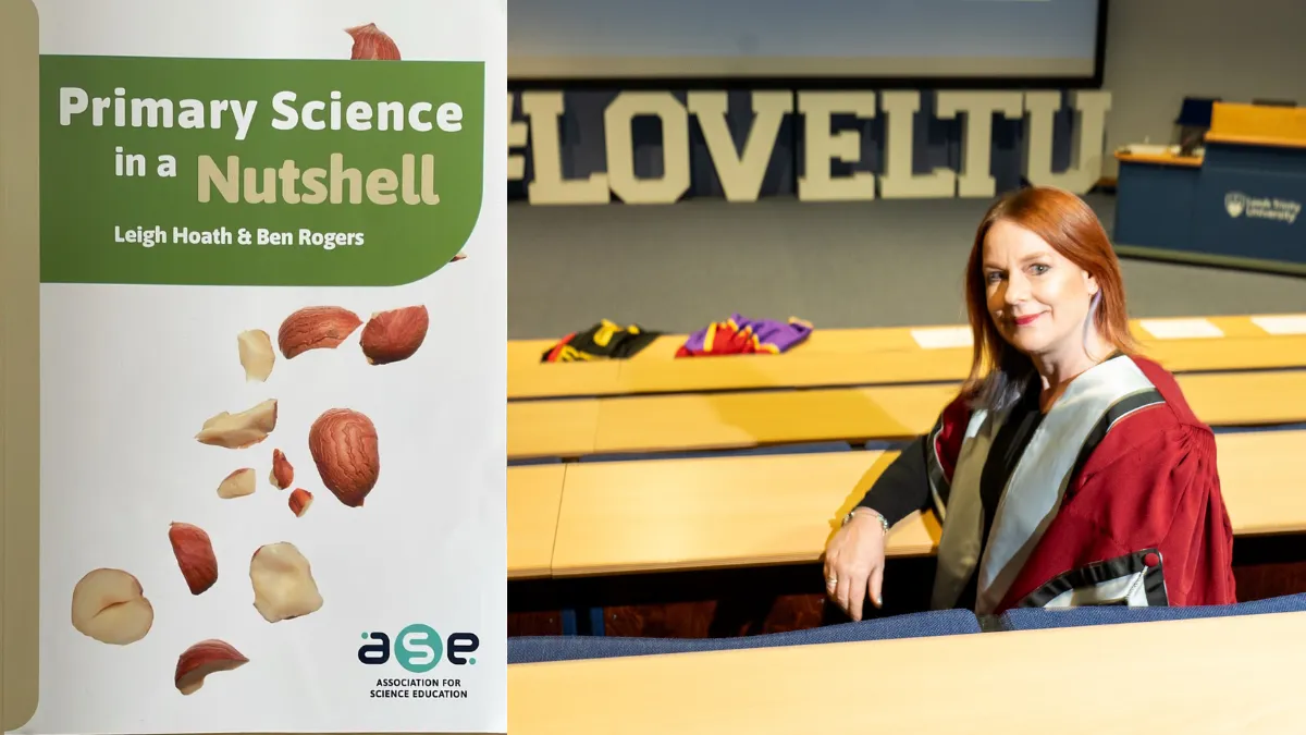 A collage showing a female academic on the right and a book cover on the left..