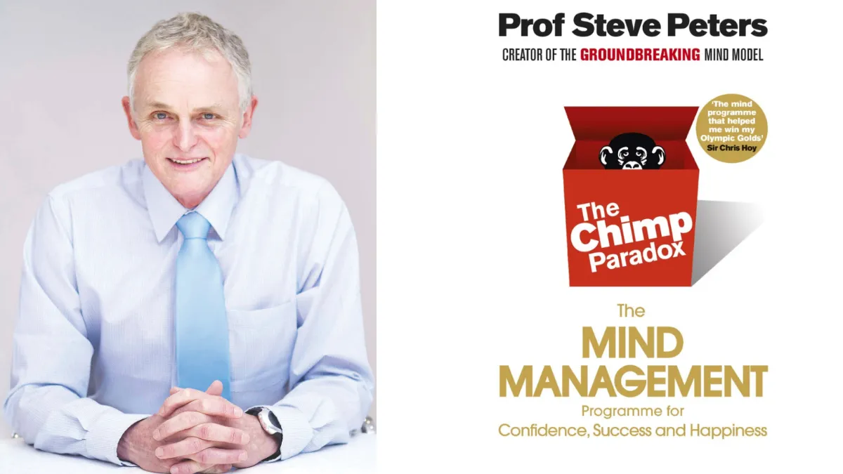 Author Steve Peters wearing a pale blue shirt and tie alongside a copy of his book The Chimp Paradox.