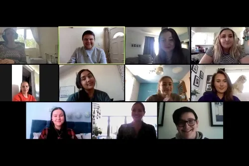 Screenshot of alumni and students on Zoom.