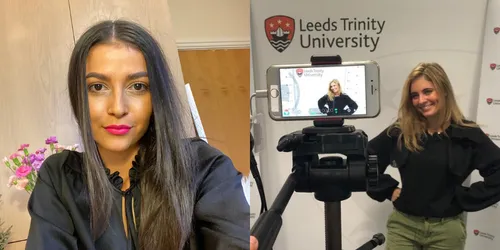 Split screen picture of two female students, left with long dark hair and right stood in front of phone recording with long blonde hair