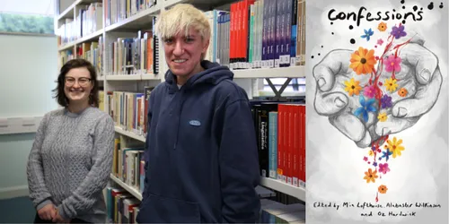 Two students stand in front of bookcase