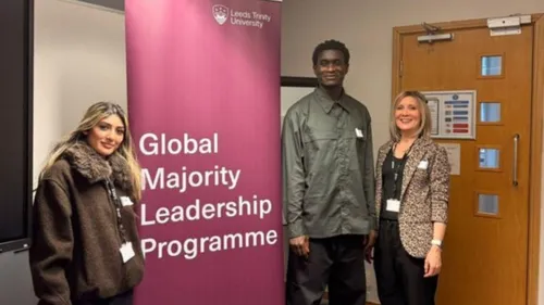 A picture of three attendees of the first Global Majority Leadership Programme session