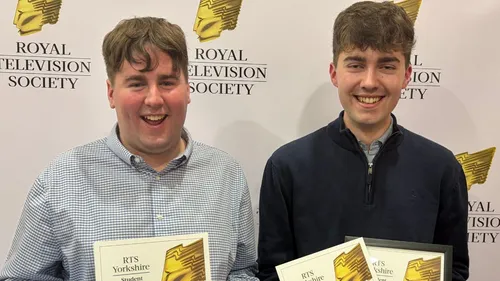 A picture of Leeds Trinity alumni Harry Tombling and Jacob Hemingway with their Royal Television Society Yorkshire Student award