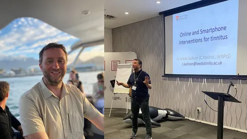 A collage showing a man smiling on a sunny day and the same man presenting at a conference, pointing to a slide that reads Online Smartphone Interventions for Tinnitus;