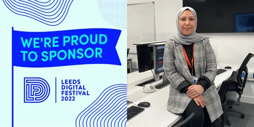 Split screen image of graphic for Leeds Digital Festival and Dr Antesar Shabut sitting at desk in front of computers