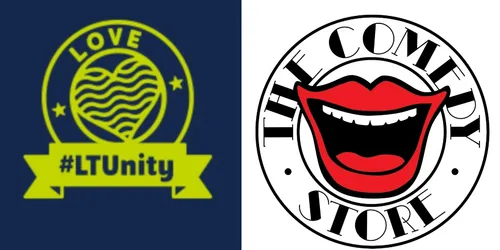 From left to right: LTUnity blue and lime green logo and The Comedy Store Logo with red mouth