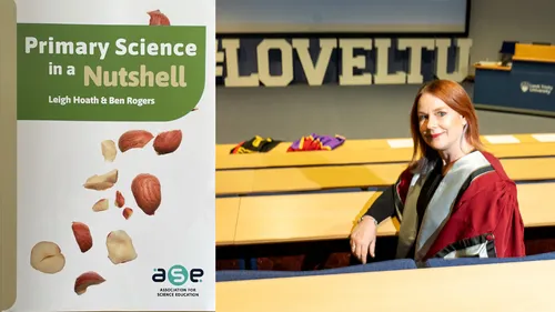 A collage showing a female academic on the right and a book cover on the left.
