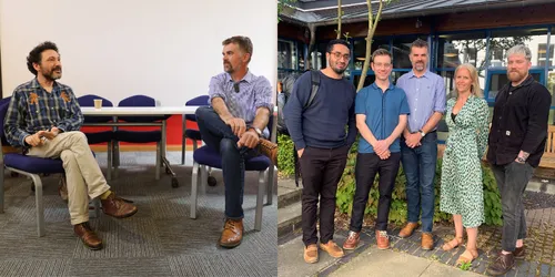 Two pictures next to each other, left showing two men sat chatting in front of white screen, second panel of five male and females stood outside in front of window