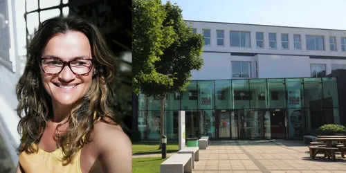 two images, one of leeds trinity campus on the right next to female with blonde hair and glassses