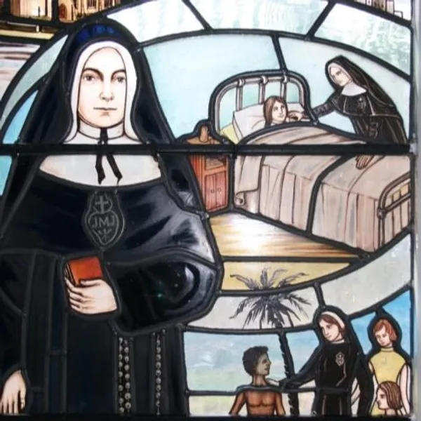 Photo of stained glass window depicting Elizabeth Prout.