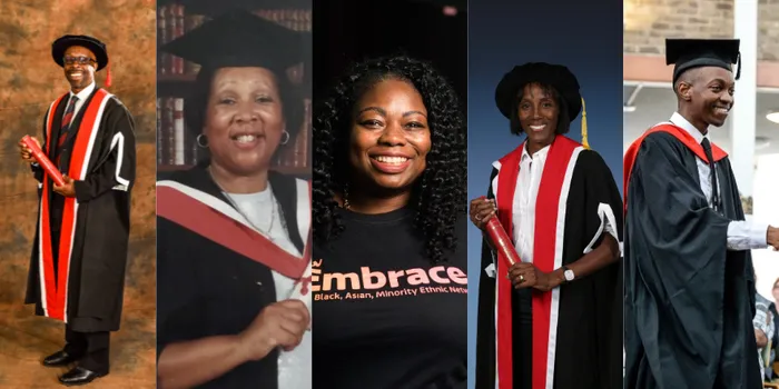 Split screen image with 5 people