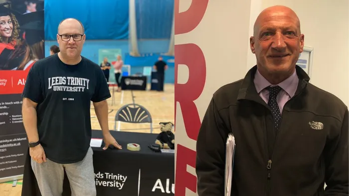 A picture of a man in front of a blue background next to a picture of a man in front of a white background