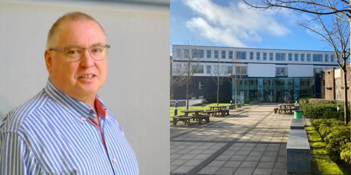 A headshot of a member of staff, next to an image of the University reception