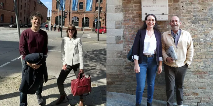 Split screen picture. Left side is a male and female standing on sunny street. Right is female and male standing against brick wall outside